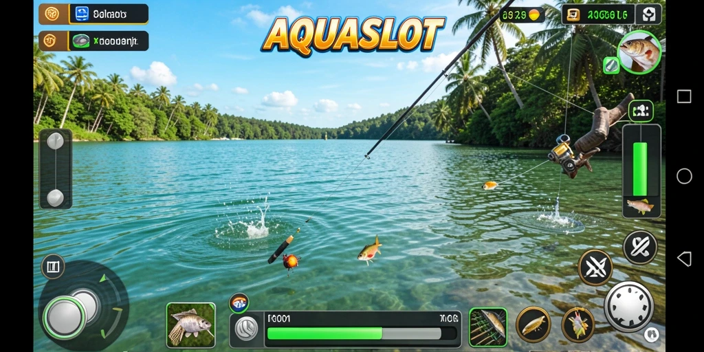 Gambaran gameplay AQUASLOT dengan aksi memancing yang mendebarkan.