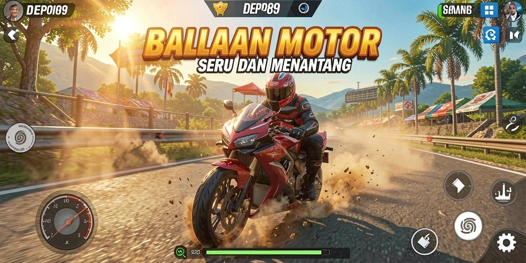 Gameplay DEPO89 yang seru dengan balapan motor di trek menantang.
