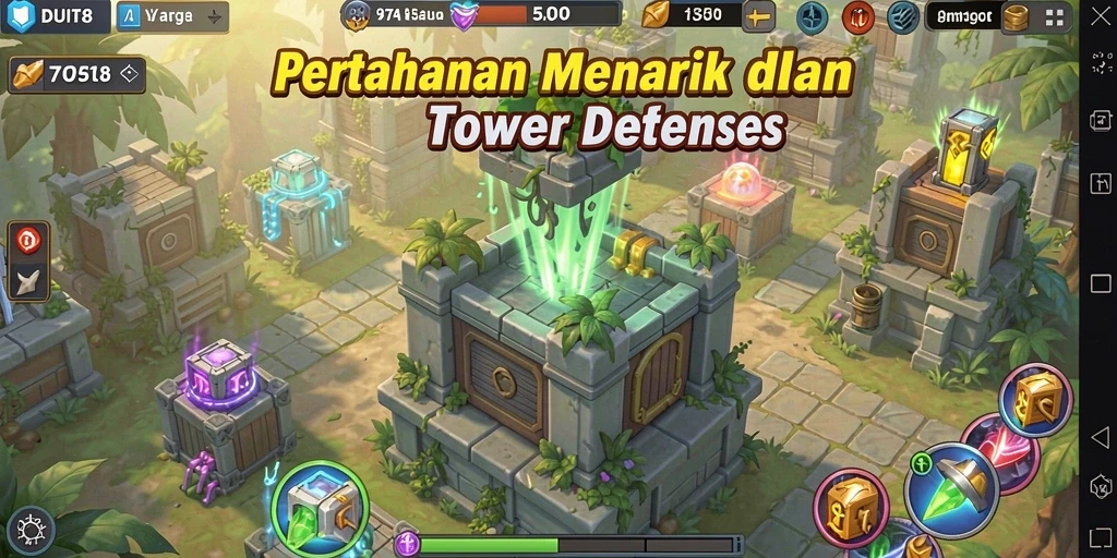 Screenshot gameplay DUIT8 menampilkan aksi menara pertahanan yang menarik.