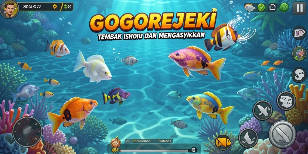 Tangkapan layar utama GOGOREJEKI menampilkan gameplay menangkap ikan yang seru.