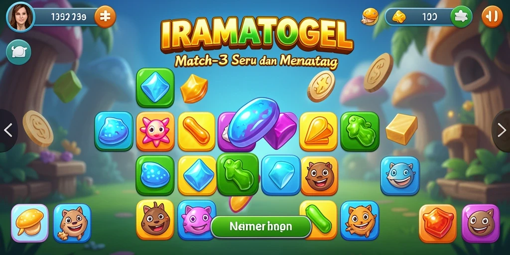 Screenshot gameplay <strong>IRAMATOGEL</strong> dengan aksi mencocokkan batu permata.