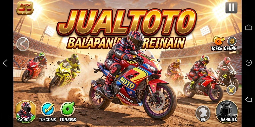 Screenshot game JUALTOTO menampilkan balapan motor yang seru dan penuh aksi.