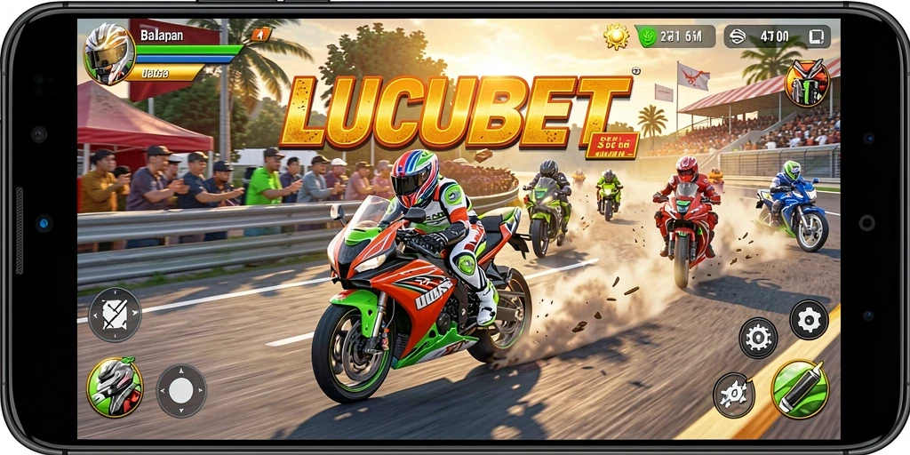 Tampilan gameplay LUCUBET dengan balapan motor yang mendebarkan.