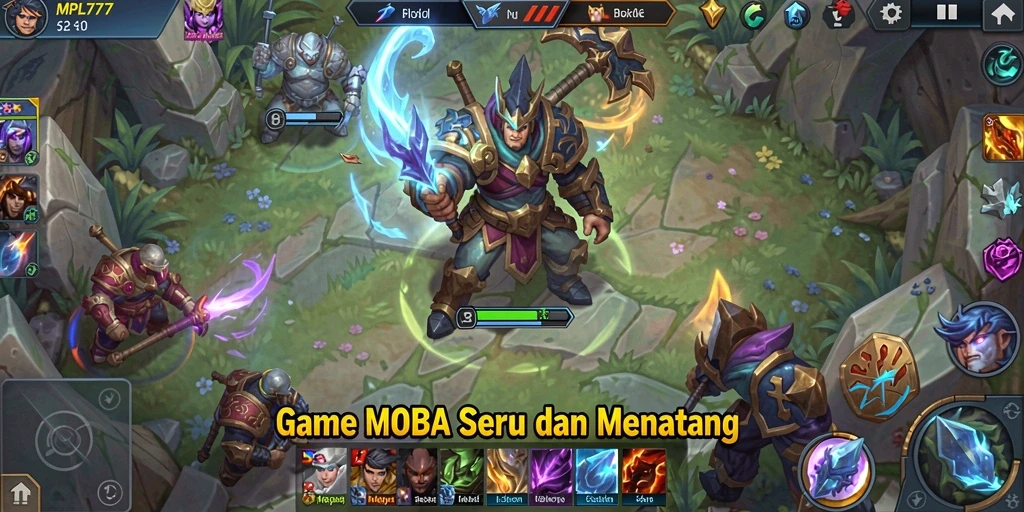 Screenshot gameplay intens dari MPL777, menunjukkan pertarungan hero MOBA.