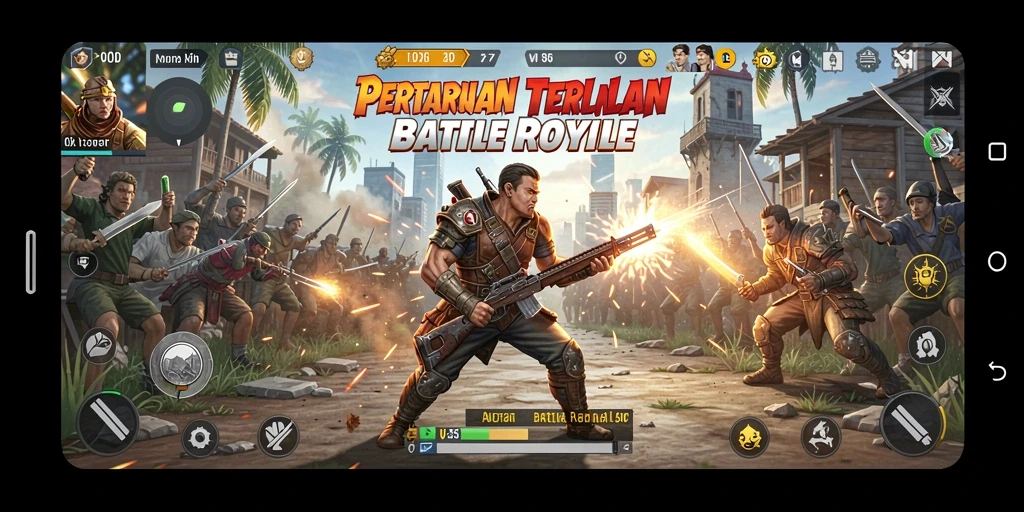 Screenshot MPOID menampilkan aksi bertempur seru di arena Battle Royale.
