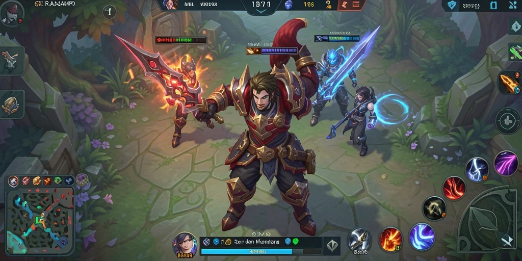 Screenshot utama RAJAMPO menampilkan pertempuran seru di arena MOBA.