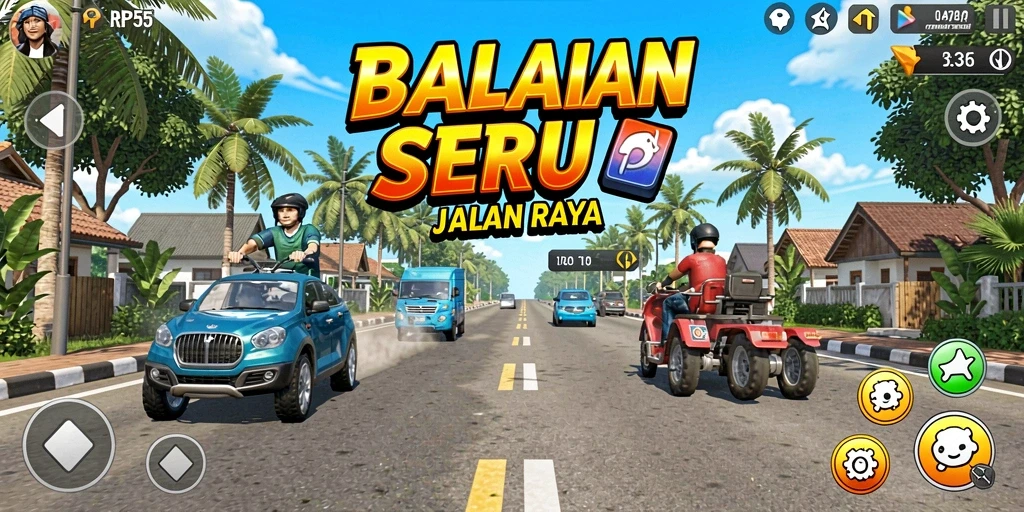 Gameplay RP55 yang seru dan penuh aksi di trek balapan.